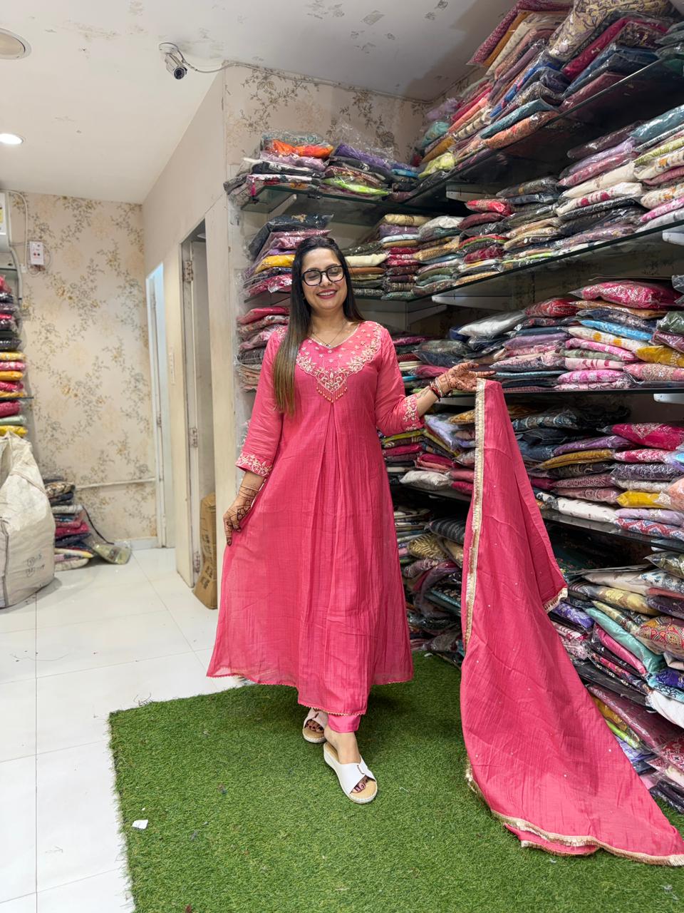 Pure Banaras Mull Chanderi Blush Pink 3pc Set