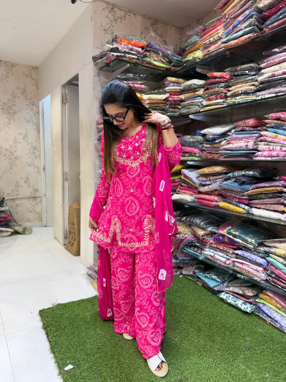 Pure Georgette Rani Pink 3pc Set