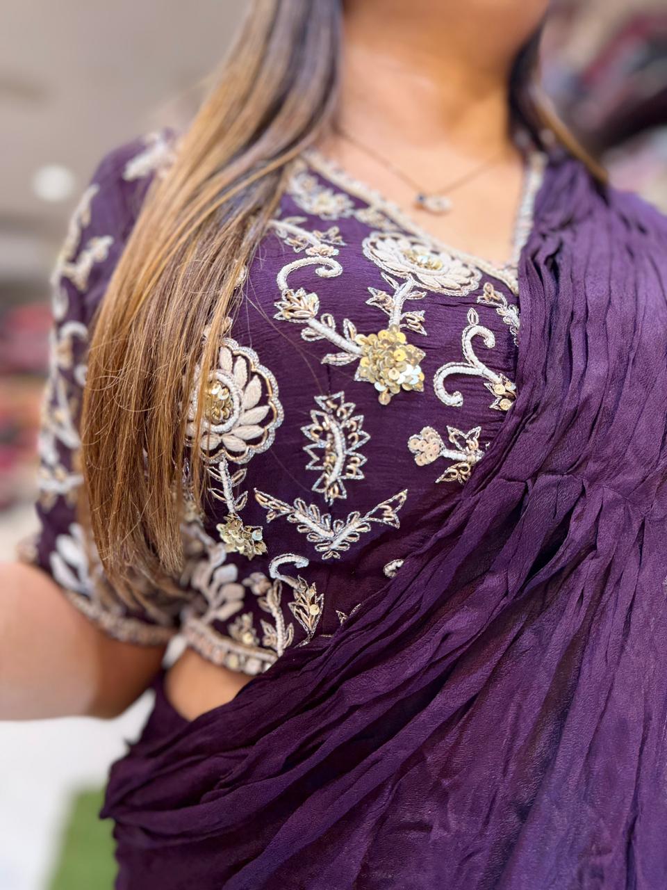 Pure Chinon Purple Drep Saree