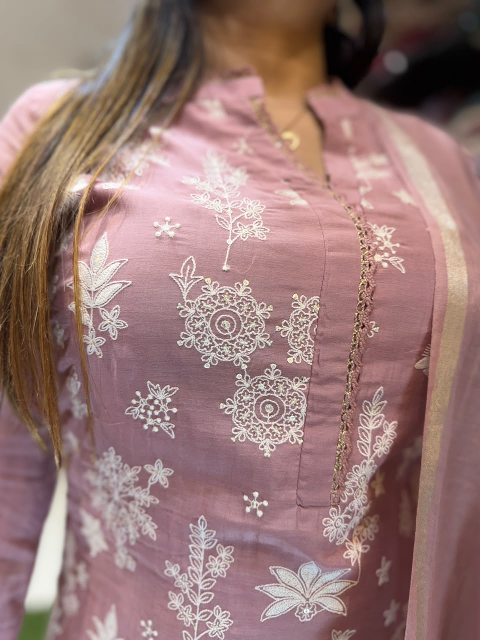 Pure Banaras Mull Chanderi Pastle Rose Gold 3pc Set