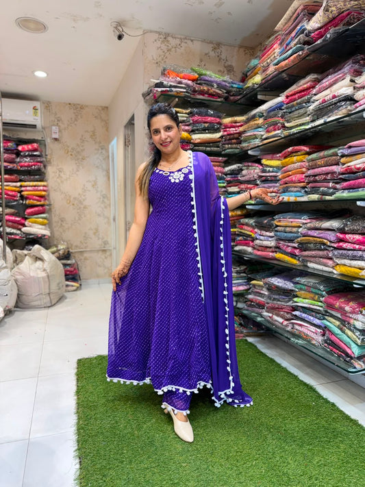 Pure Georgette Anarkali Purple 3pc Set