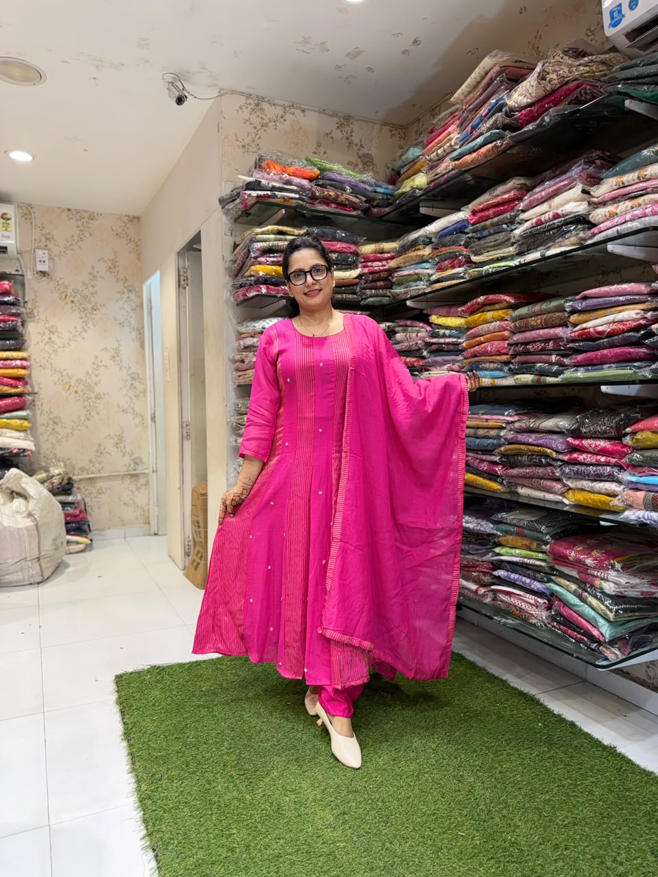 Pure Banaras Mull Chanderi Anarkali Rani Pink 3pc Set