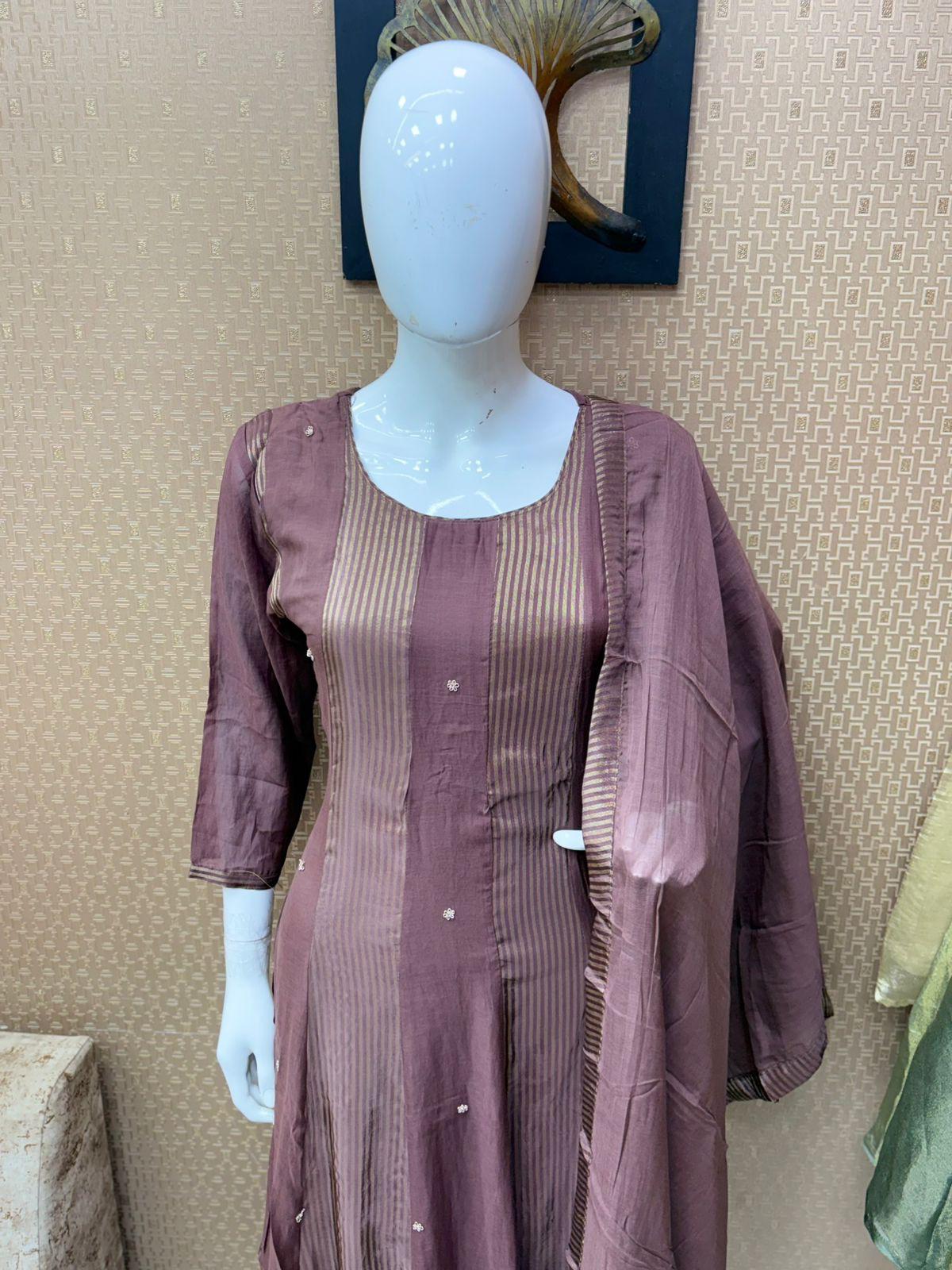 Pure Banaras Mull Chanderi Anarkali Brown 3pc Set