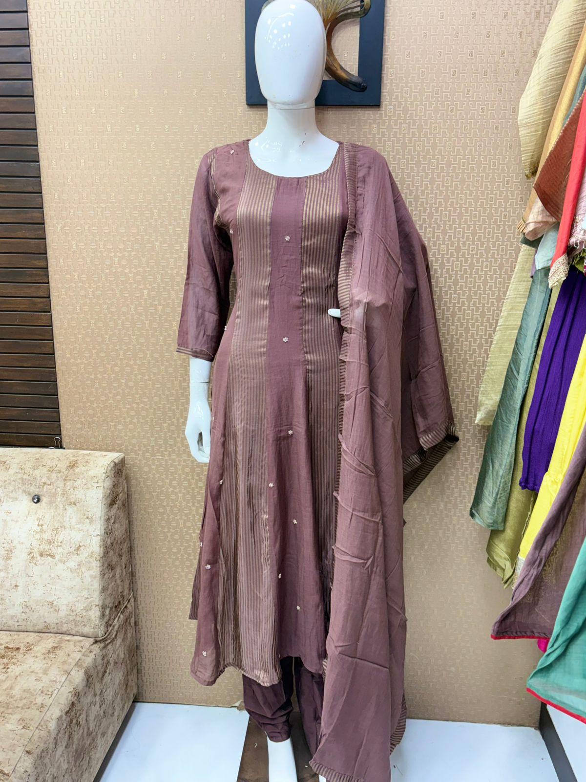 Pure Banaras Mull Chanderi Anarkali Brown 3pc Set