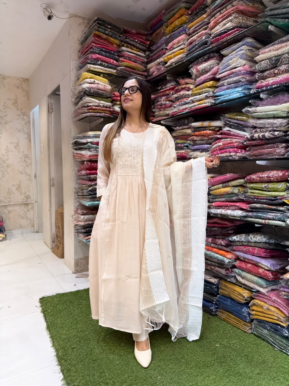 Pure Mull Chanderi Off White 3pc Set