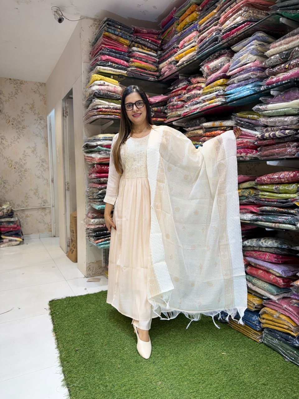 Pure Mull Chanderi Off White 3pc Set