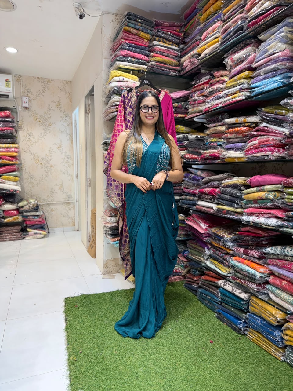 Pure Chinon Bottle Green Drep Saree