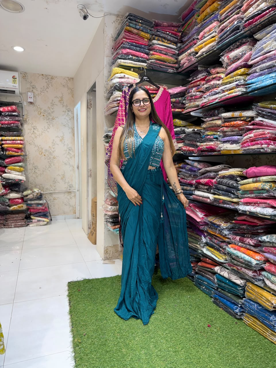 Pure Chinon Bottle Green Drep Saree