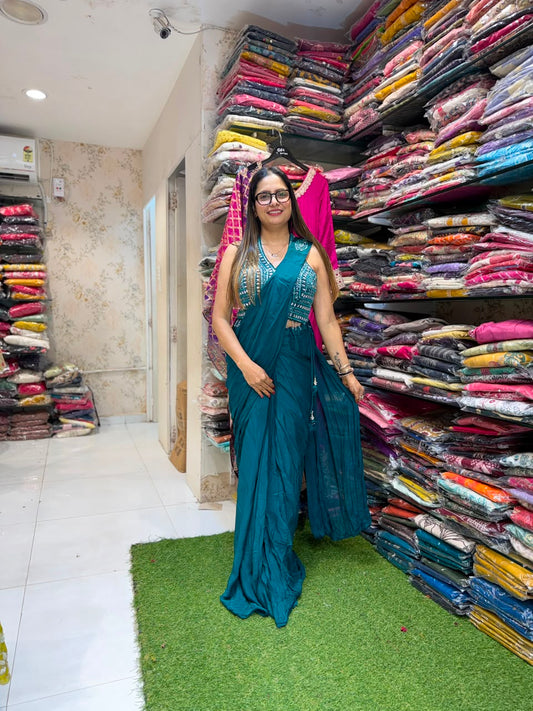 Pure Chinon Bottle Green Drep Saree