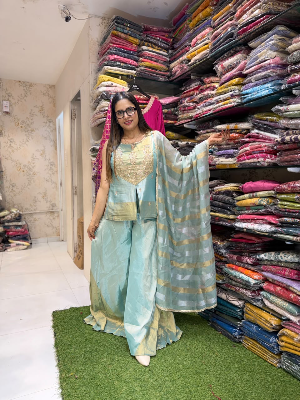 Pure Kanjiwaram Banarasi Half Half Sky Blue 2pc Set