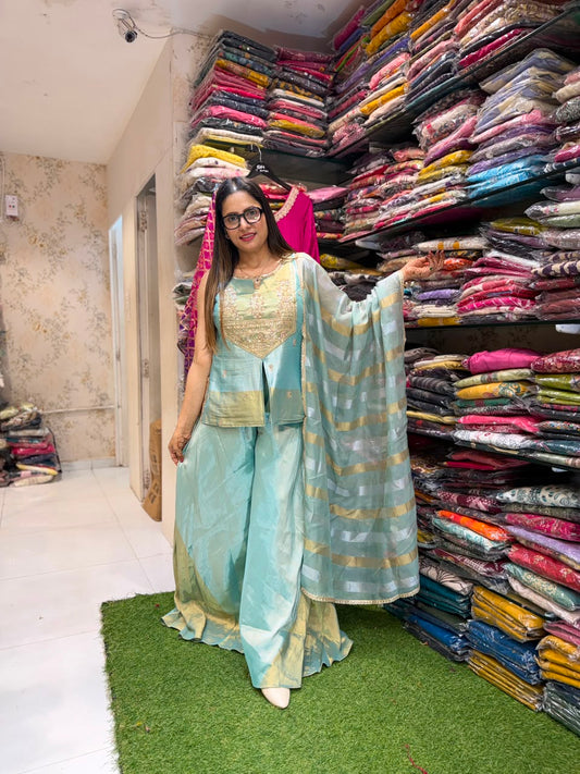 Pure Kanjiwaram Banarasi Half Half Sky Blue 2pc Set