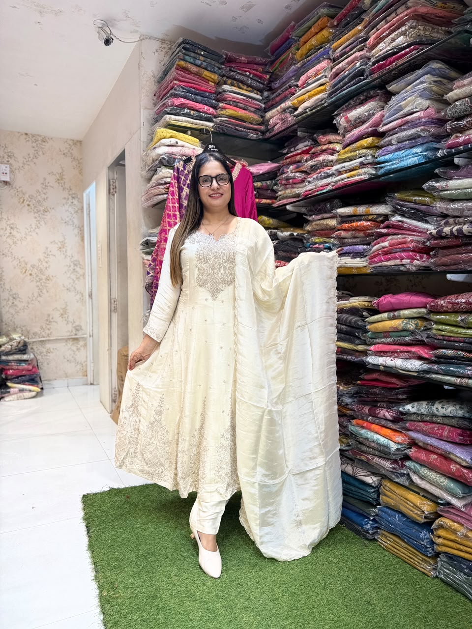 Pure Simmer Tissue Ivory Anarkali 3pc Set