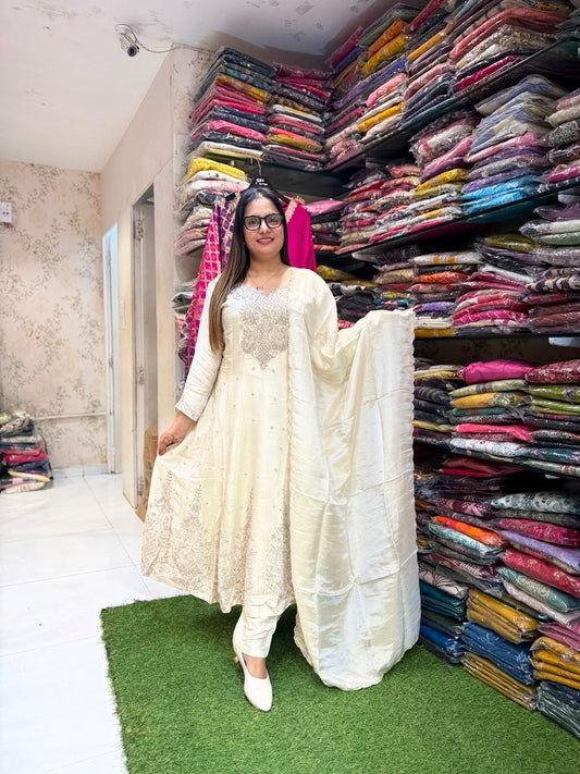 Pure Simmer Tissue Ivory Anarkali 3pc Set