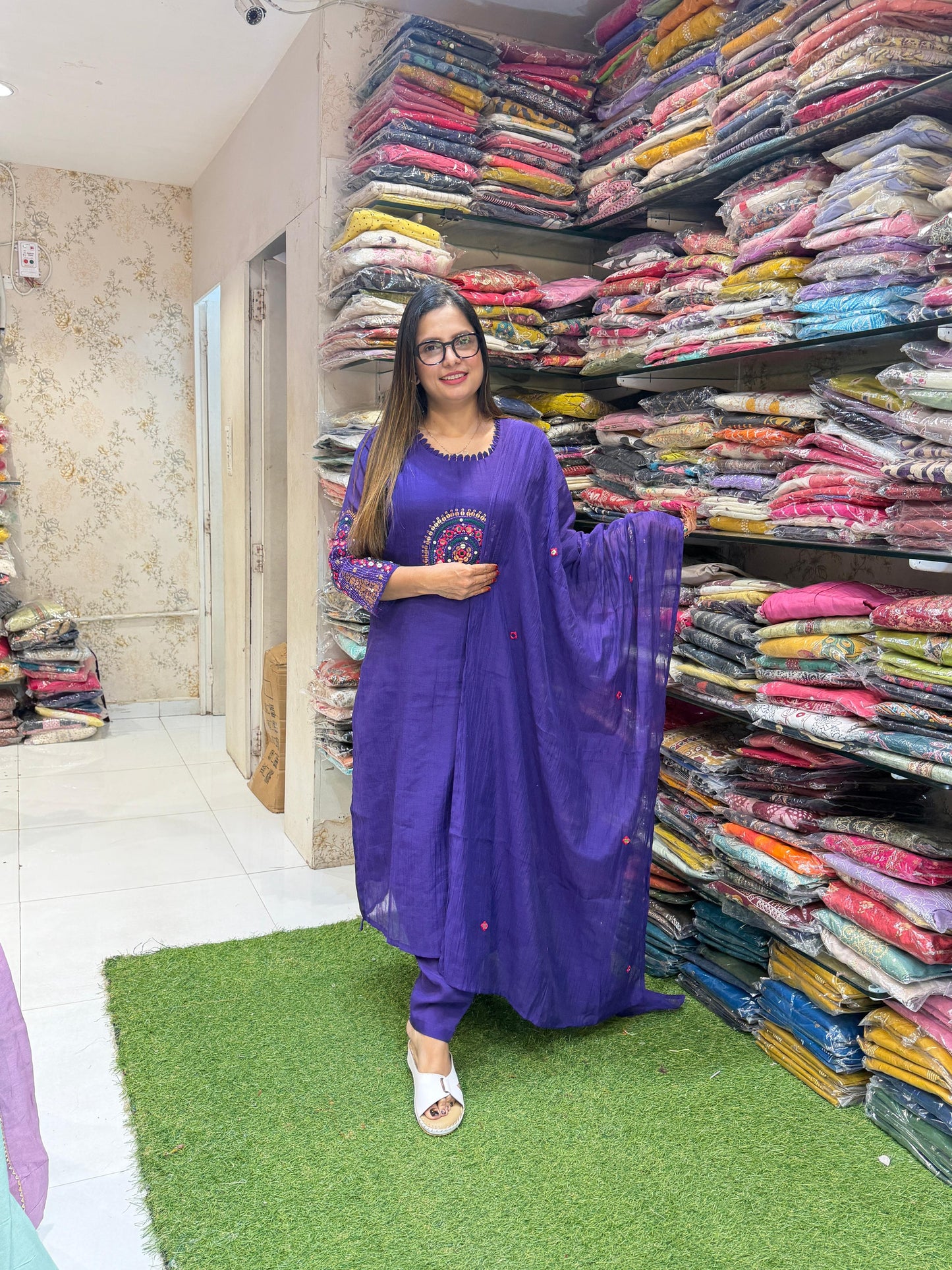 Pure Banaras Mull Chanderi Purple 3pc Set