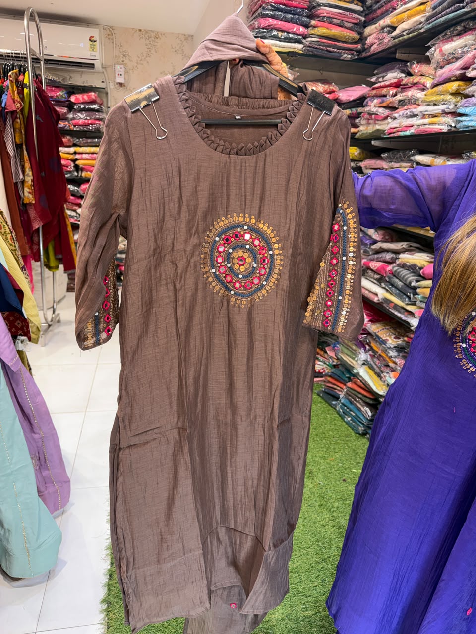 Pure Banaras Mull Chanderi Brown 3pc Set