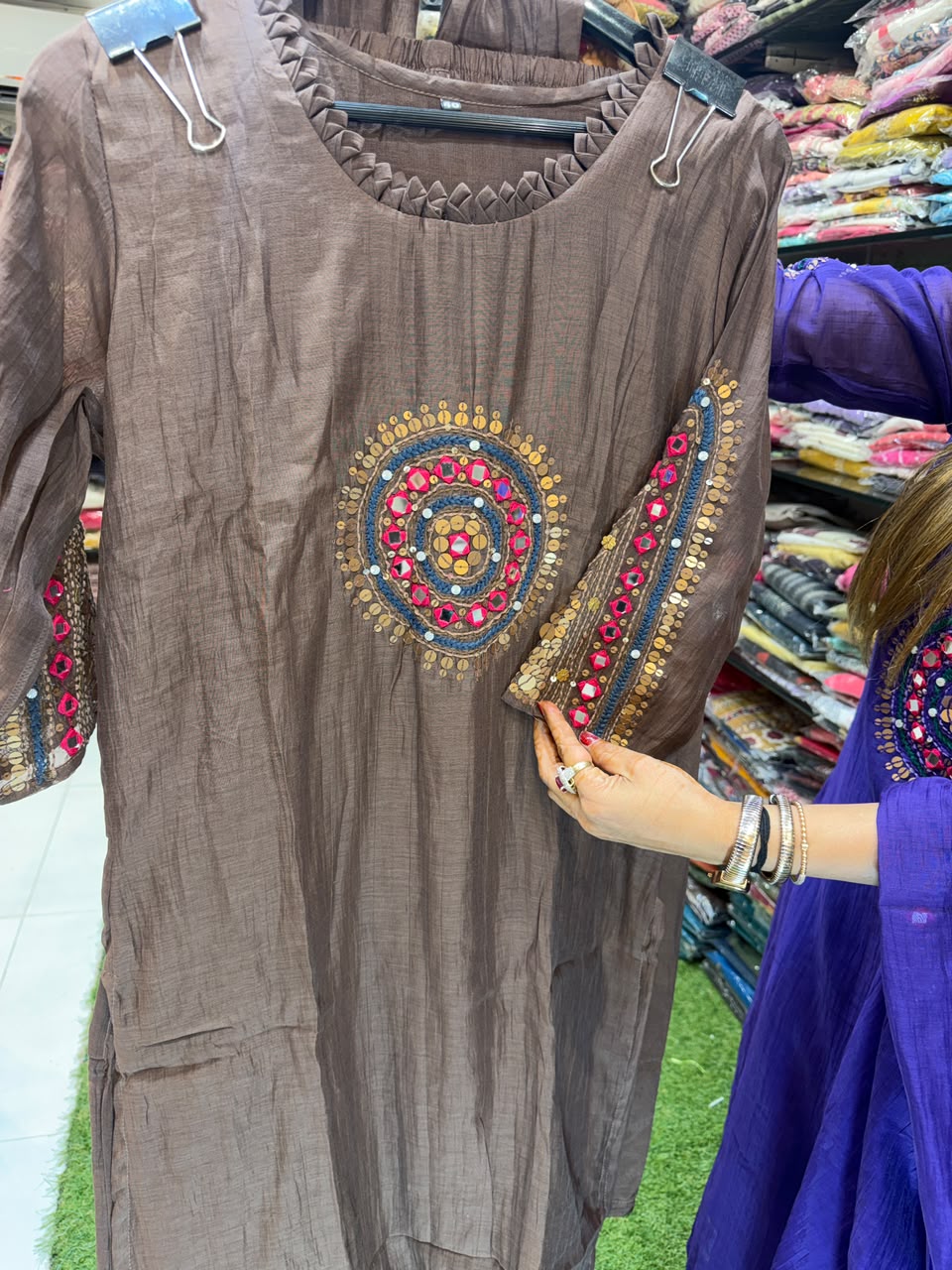 Pure Banaras Mull Chanderi Brown 3pc Set