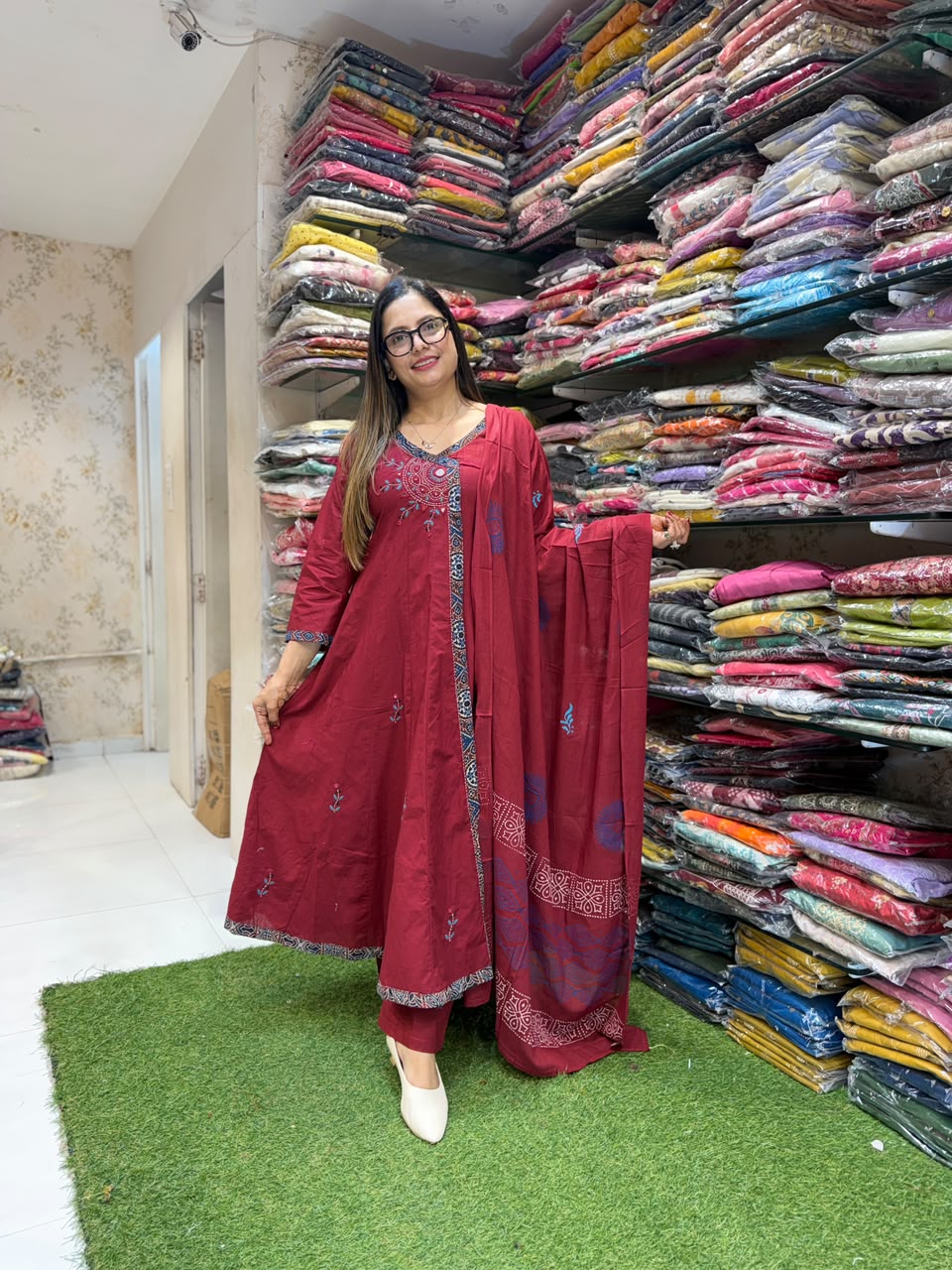Pure Daabu Cotton Maroon 3pc Set