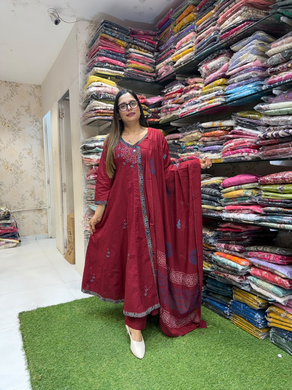 Pure Daabu Cotton Maroon 3pc Set