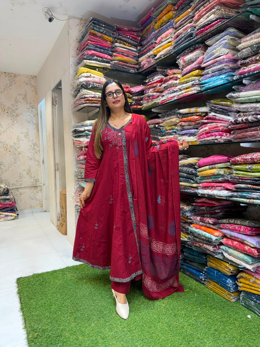 Pure Daabu Cotton Maroon 3pc Set