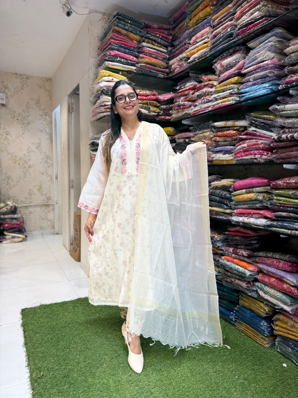 Pure Banaras Mull Chanderi Off White 3pc Set