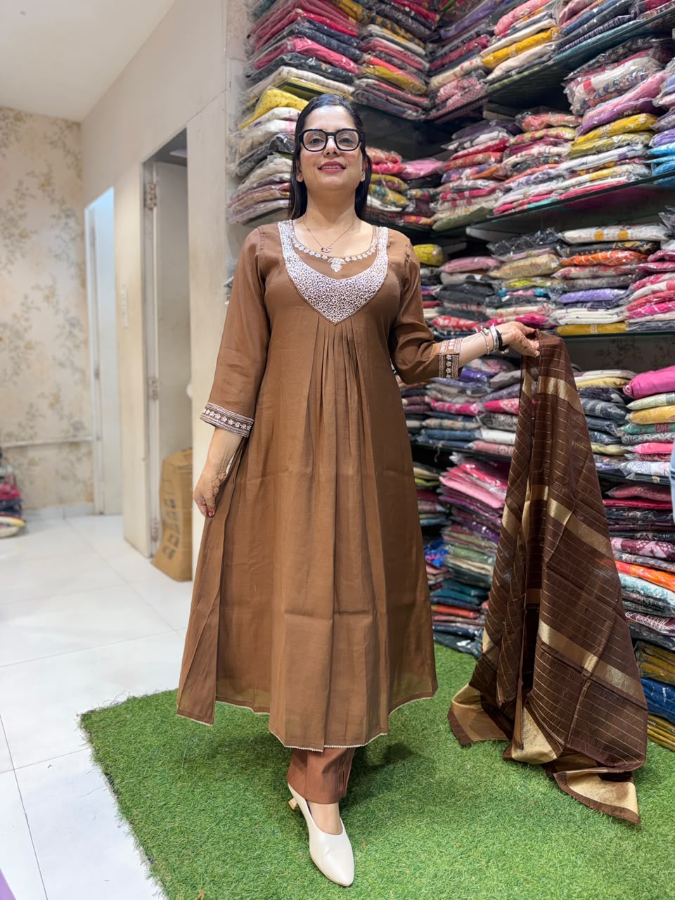 Pure Mull Chanderi Brown 3pc Set