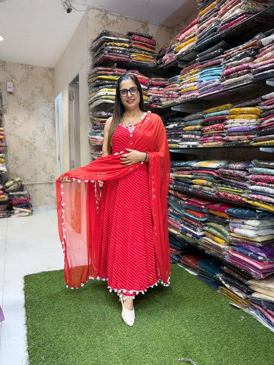 Pure Georgette Anarkali Red 3pc Set