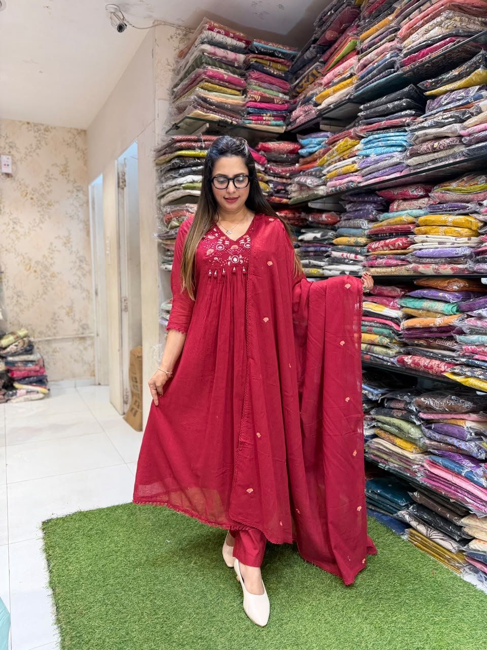 Pure Mull Cotton Maroon 3pc Set