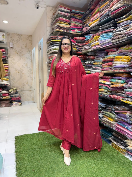 Pure Mull Cotton Maroon 3pc Set