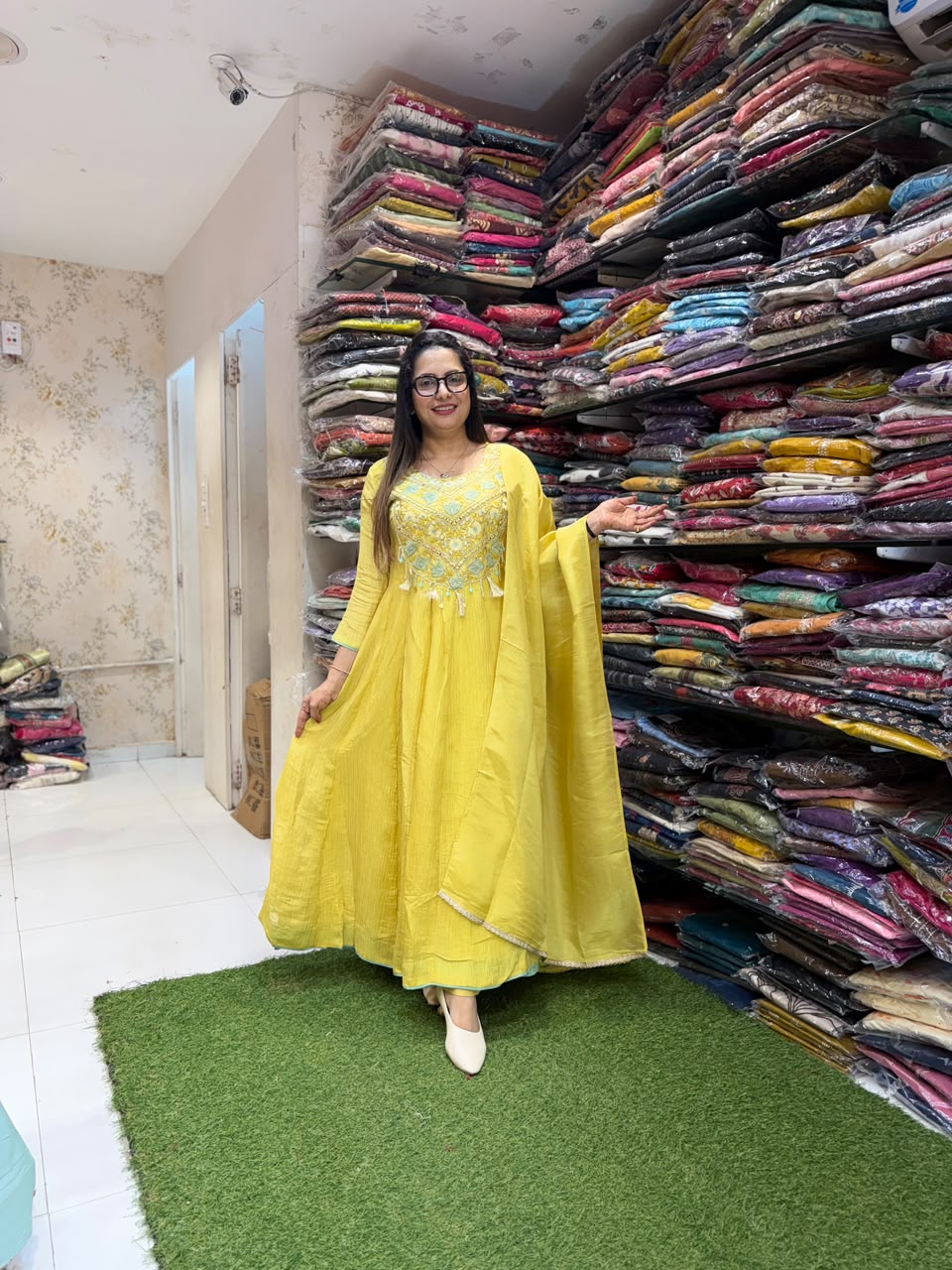 Pure Crush Tissue Yellow Anarkali 3pc Set