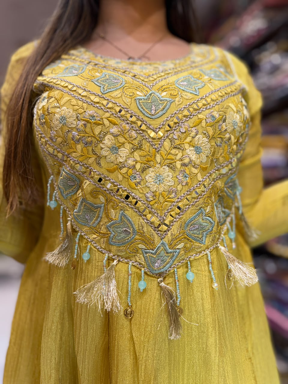 Pure Crush Tissue Yellow Anarkali 3pc Set