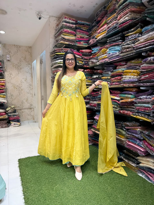 Pure Crush Tissue Yellow Anarkali 3pc Set
