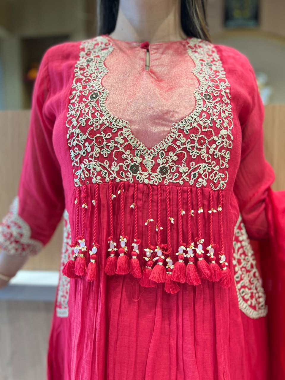 Pure Banaras Mull Chanderi Red 3pc Set