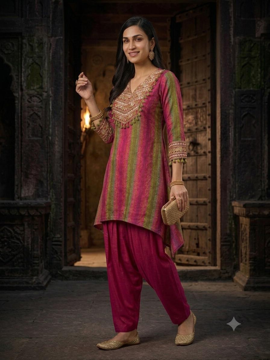 Pure Crep Farsi Salwar Mazenta Pink 2pc Set