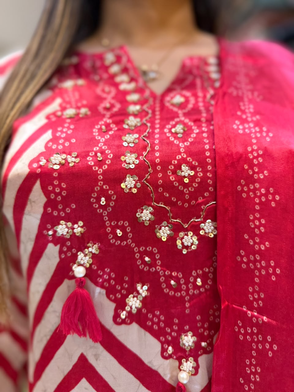 Pure Satin Gaji Red And Cream 3pc Set