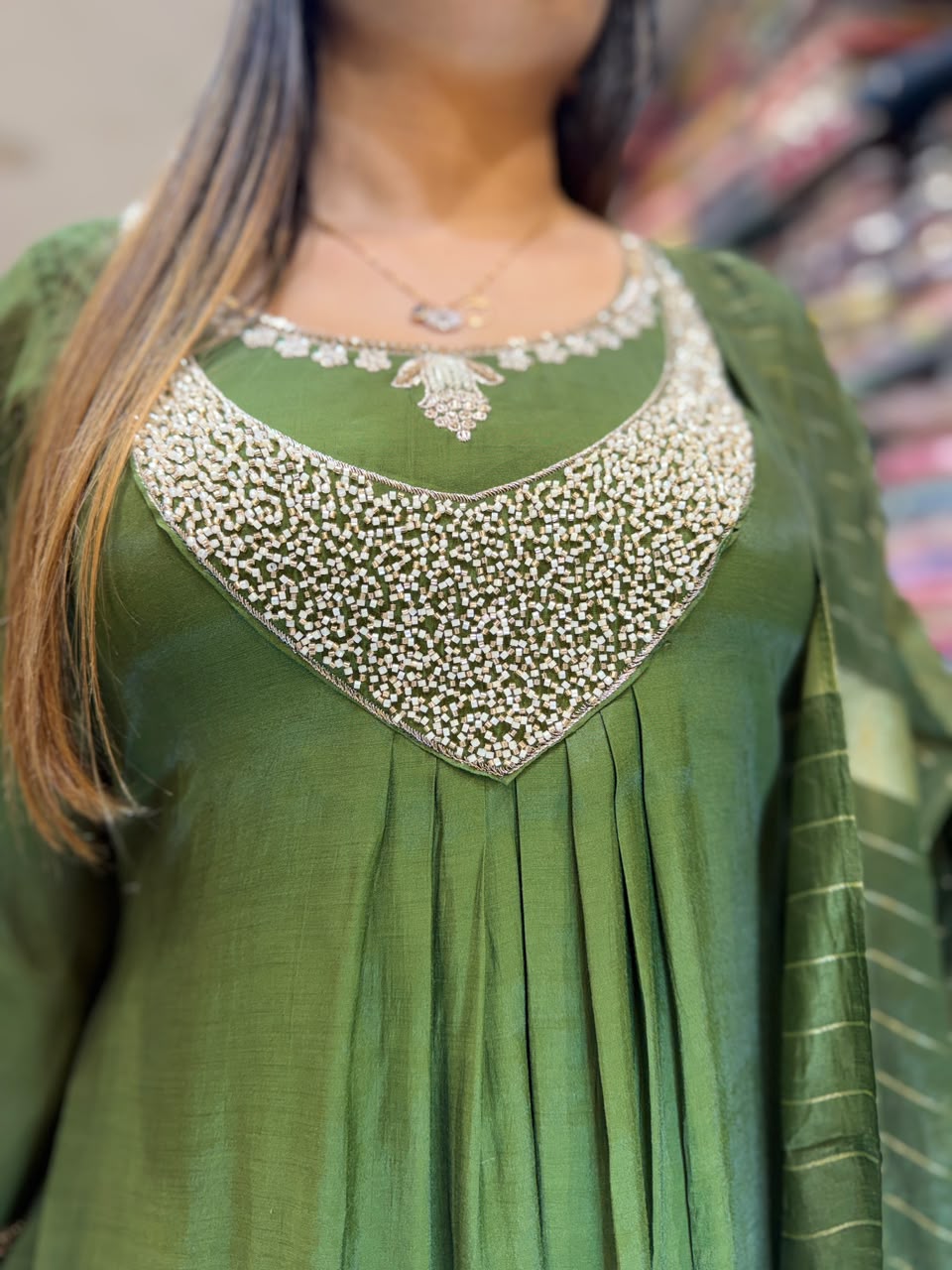Pure Mull Chanderi Green 3pc Set