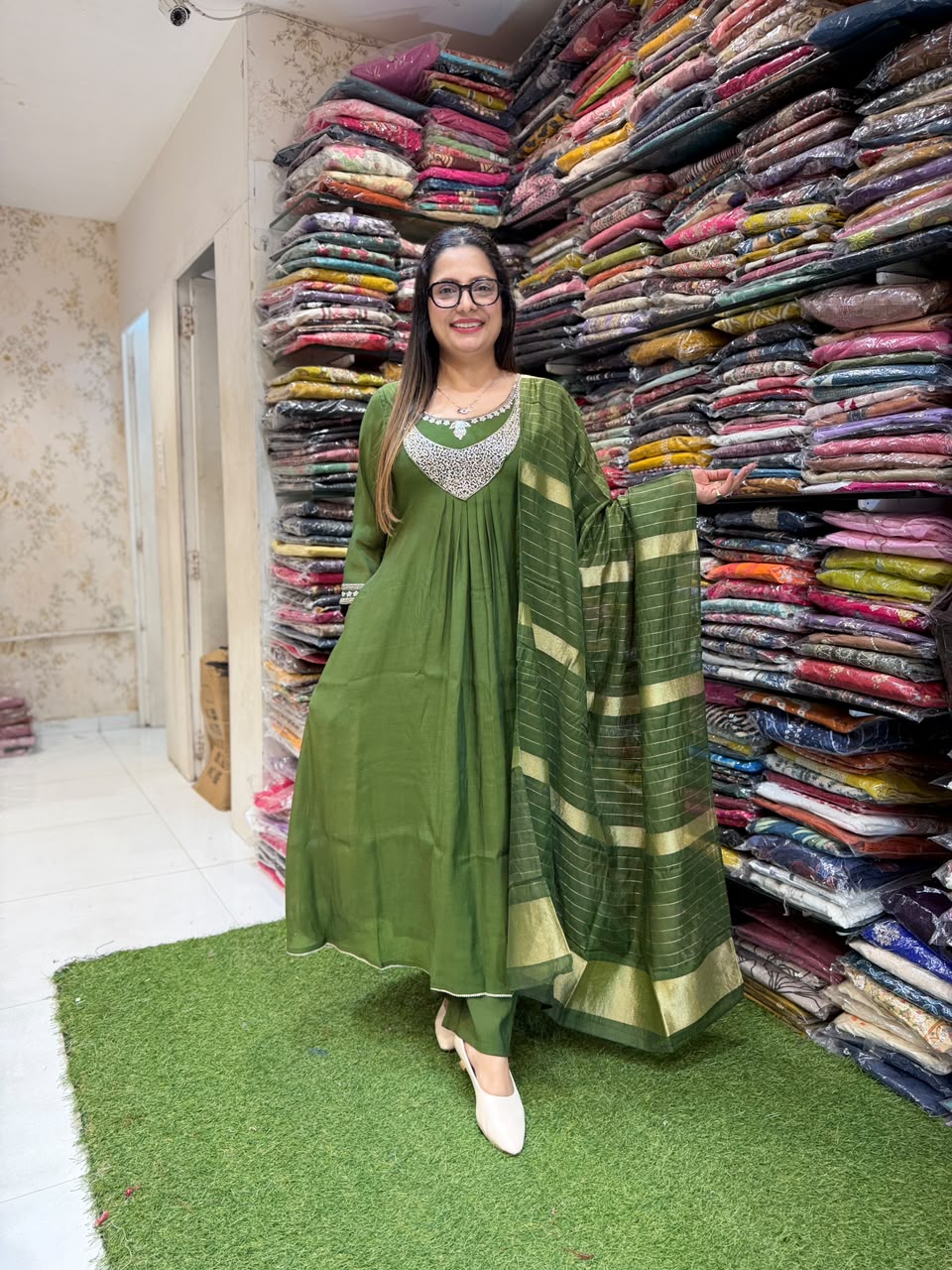 Pure Mull Chanderi Green 3pc Set