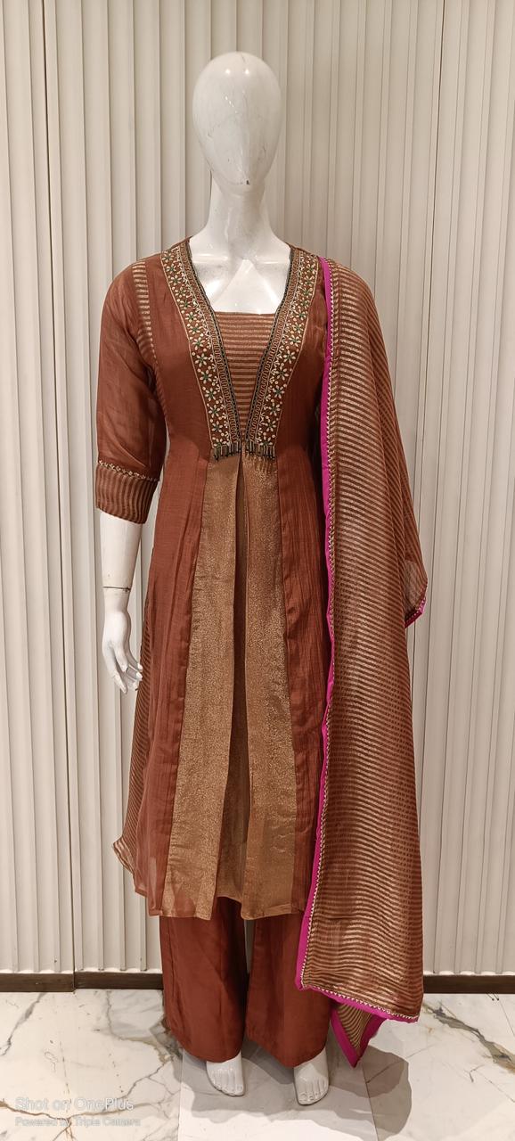 Pure Banaras Mull Chanderi Rose Gold 3pc Set