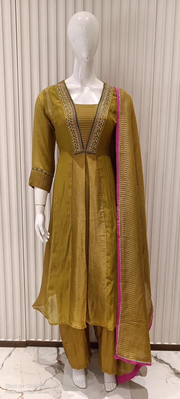Pure Banaras Mull Chanderi Mustard Green 3pc Set