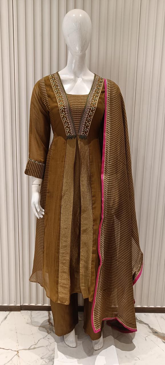 Pure Banaras Mull Chanderi Mahendi Green 3pc Set