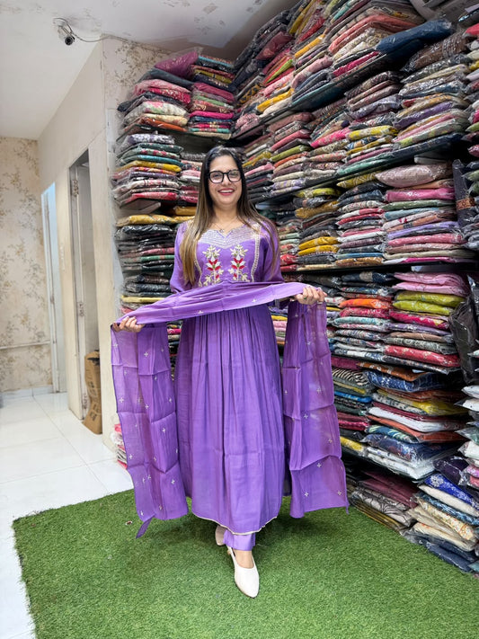 Pure Surat Mull Chanderi Purple 3pc Set