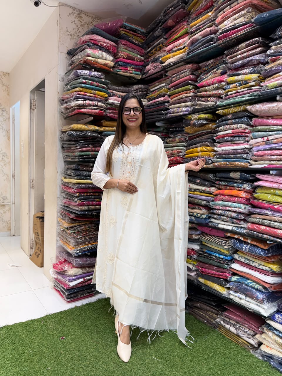 Pure Banaras Mull Chanderi Off White 3pc Set