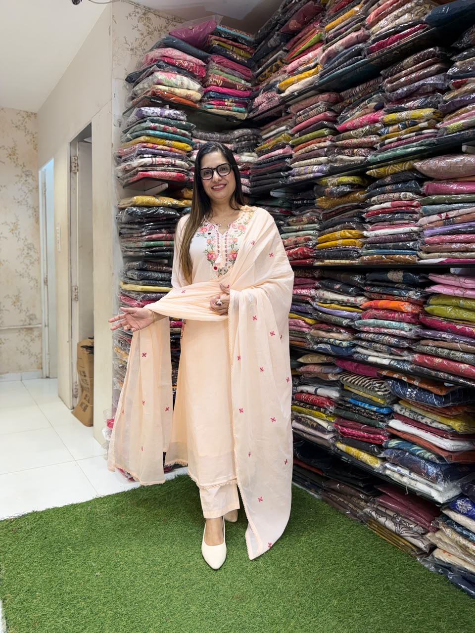 Pure Mull Cotton A Line Anarkali Peach 3pc Set