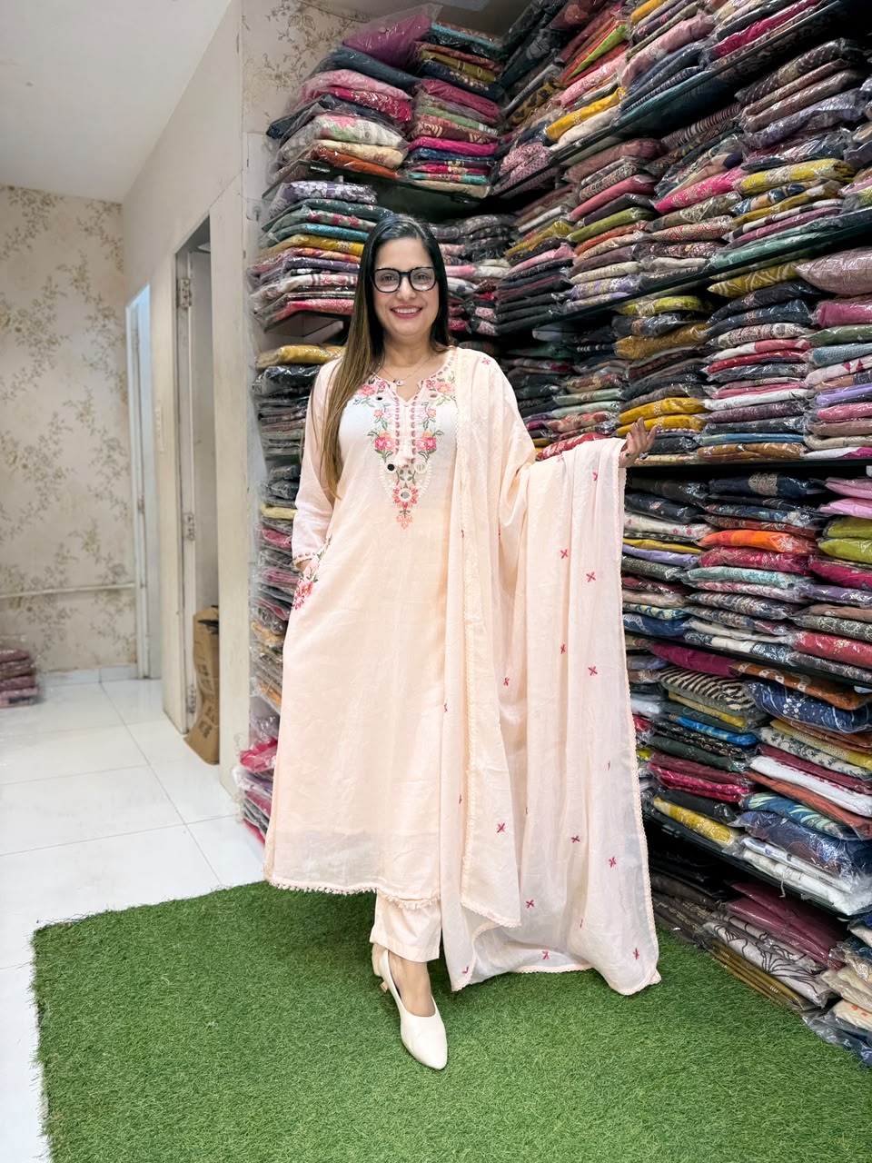 Pure Mull Cotton A Line Anarkali Peach 3pc Set