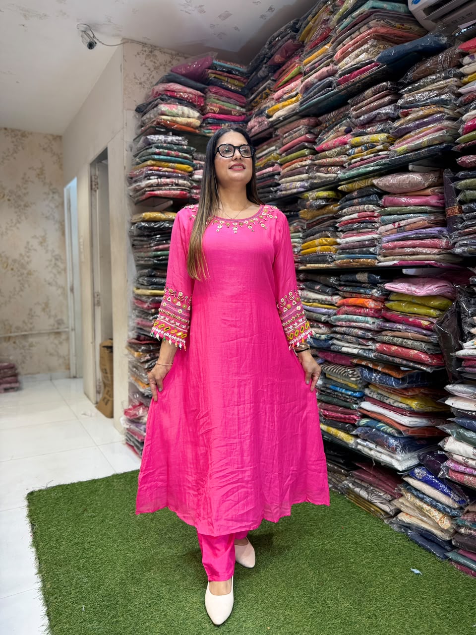 Pure Banaras Mull Chanderi Rani Pink 3pc Set
