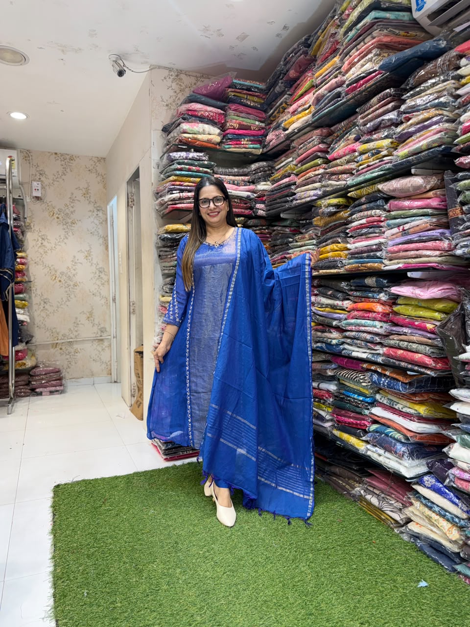 Pure Banaras Mull Chanderi Blue 3pc Set