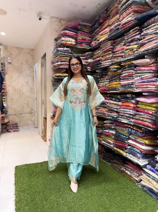 Pure Glaas Tissue Pastle Aqua Green Kaftan 2pc Set