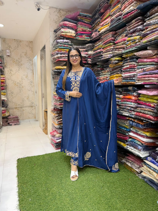 Pure Banaras Mull Chanderi Blue 3pc Set