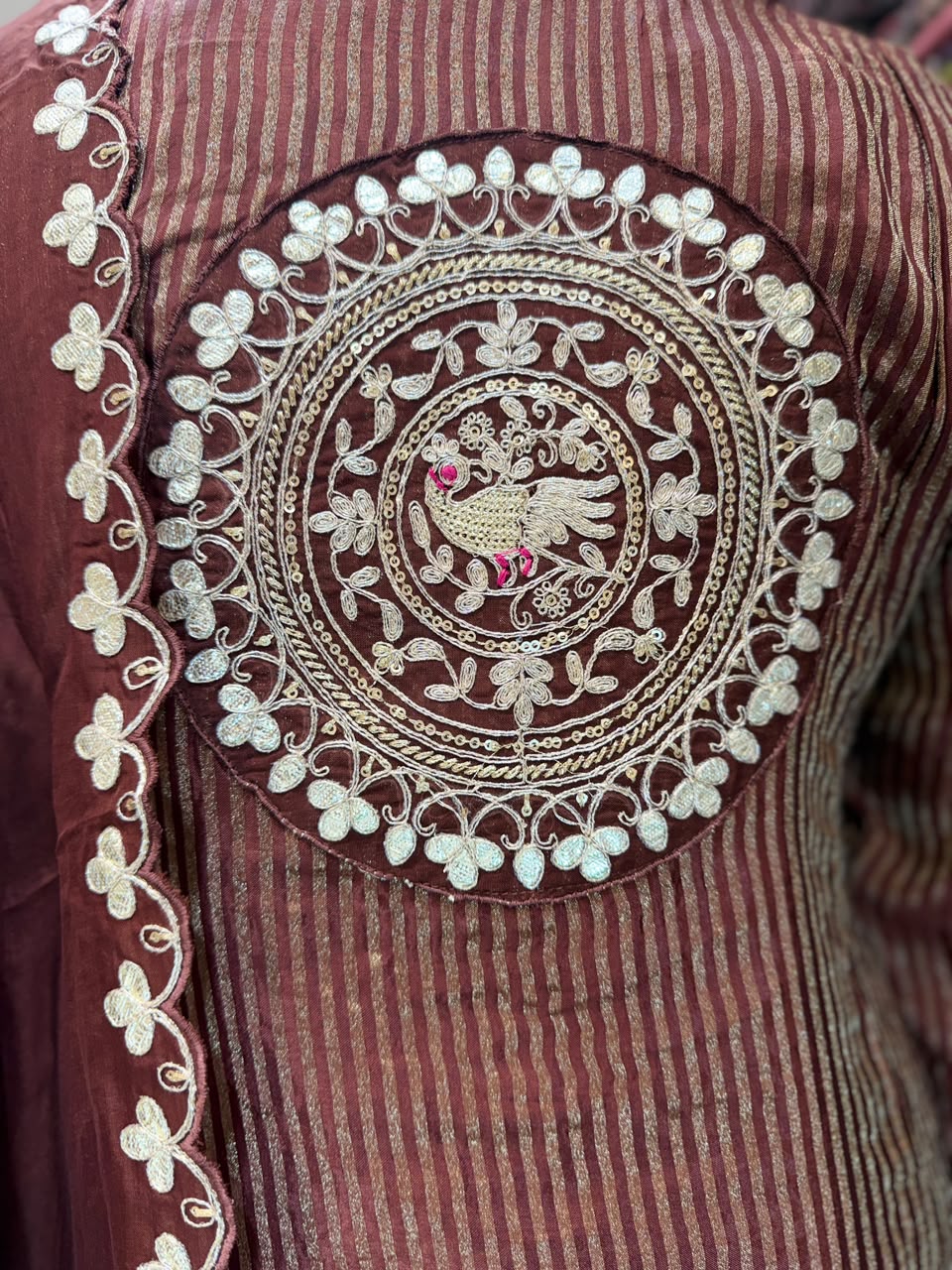 Pure Banaras Mull Chanderi Brown 3pc Set