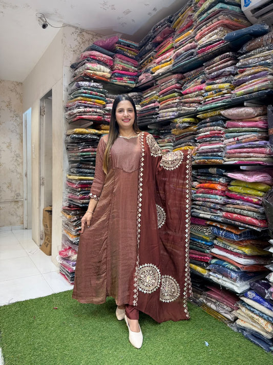 Pure Banaras Mull Chanderi Brown 3pc Set