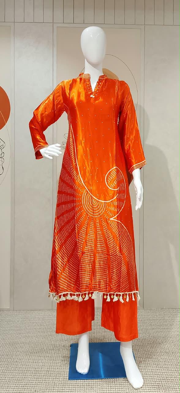 Pure Satin Gaji Orange 2pc Set